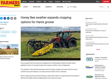 Kingsclere Estates Swather in Farmers Weekly